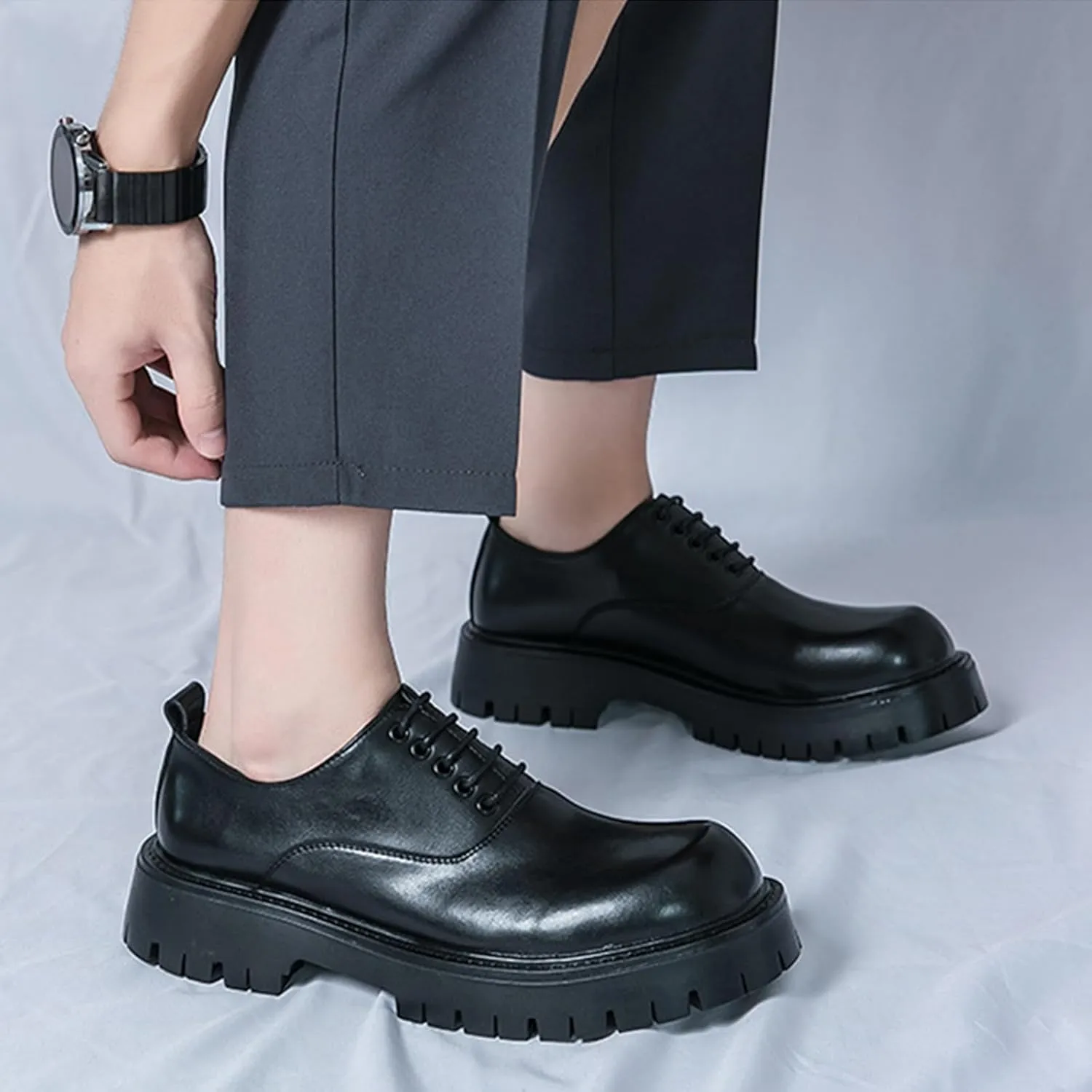 Men's Polishing Leather Lace-Up Chunky Heels Oxfords Lug Sole Fashion Round Toe Formal Business Shoes Comfortable Non-Slip Walking Sneakers