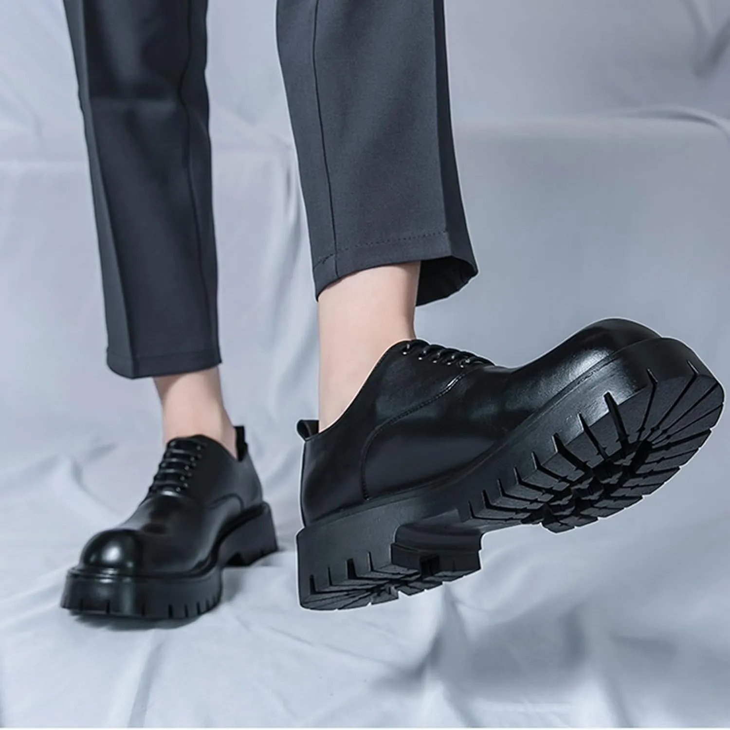 Men's Polishing Leather Lace-Up Chunky Heels Oxfords Lug Sole Fashion Round Toe Formal Business Shoes Comfortable Non-Slip Walking Sneakers