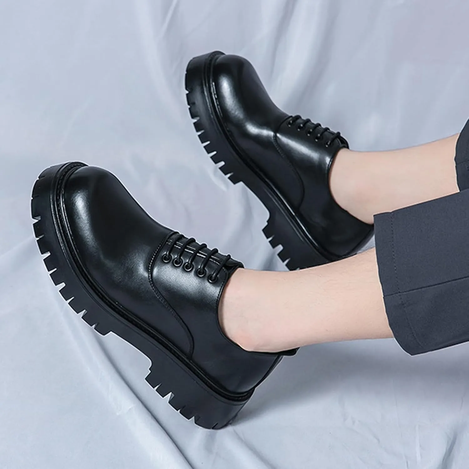 Men's Polishing Leather Lace-Up Chunky Heels Oxfords Lug Sole Fashion Round Toe Formal Business Shoes Comfortable Non-Slip Walking Sneakers