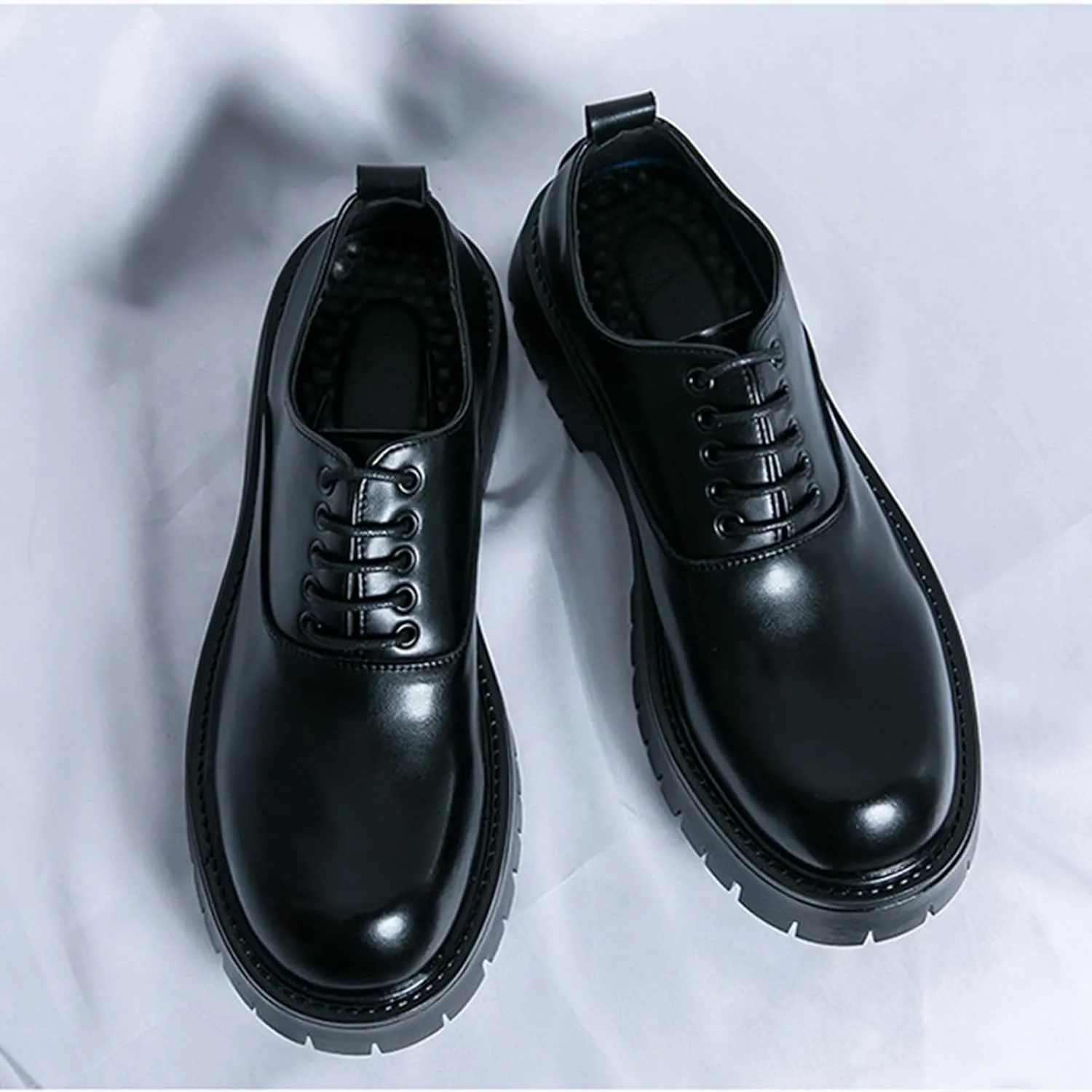 Men's Polishing Leather Lace-Up Chunky Heels Oxfords Lug Sole Fashion Round Toe Formal Business Shoes Comfortable Non-Slip Walking Sneakers