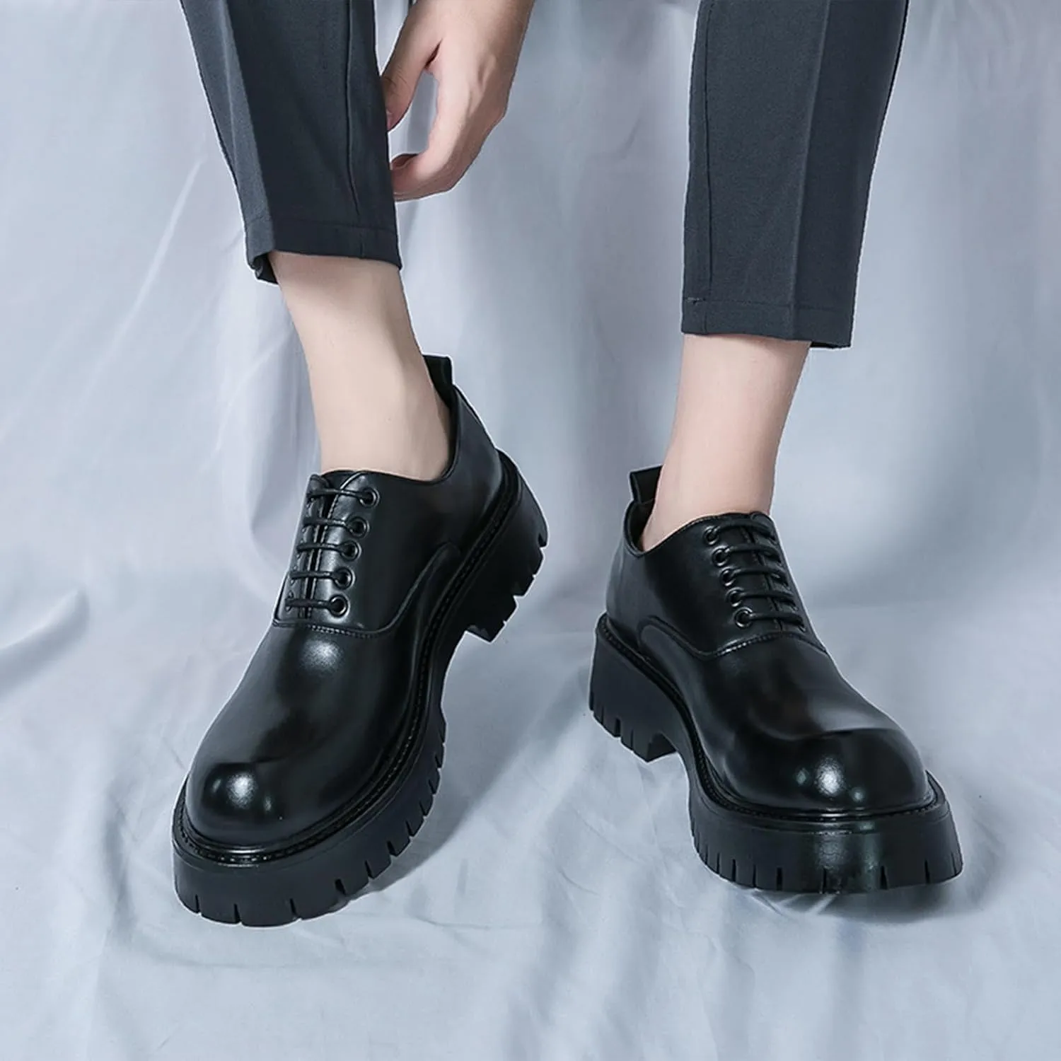 Men's Polishing Leather Lace-Up Chunky Heels Oxfords Lug Sole Fashion Round Toe Formal Business Shoes Comfortable Non-Slip Walking Sneakers