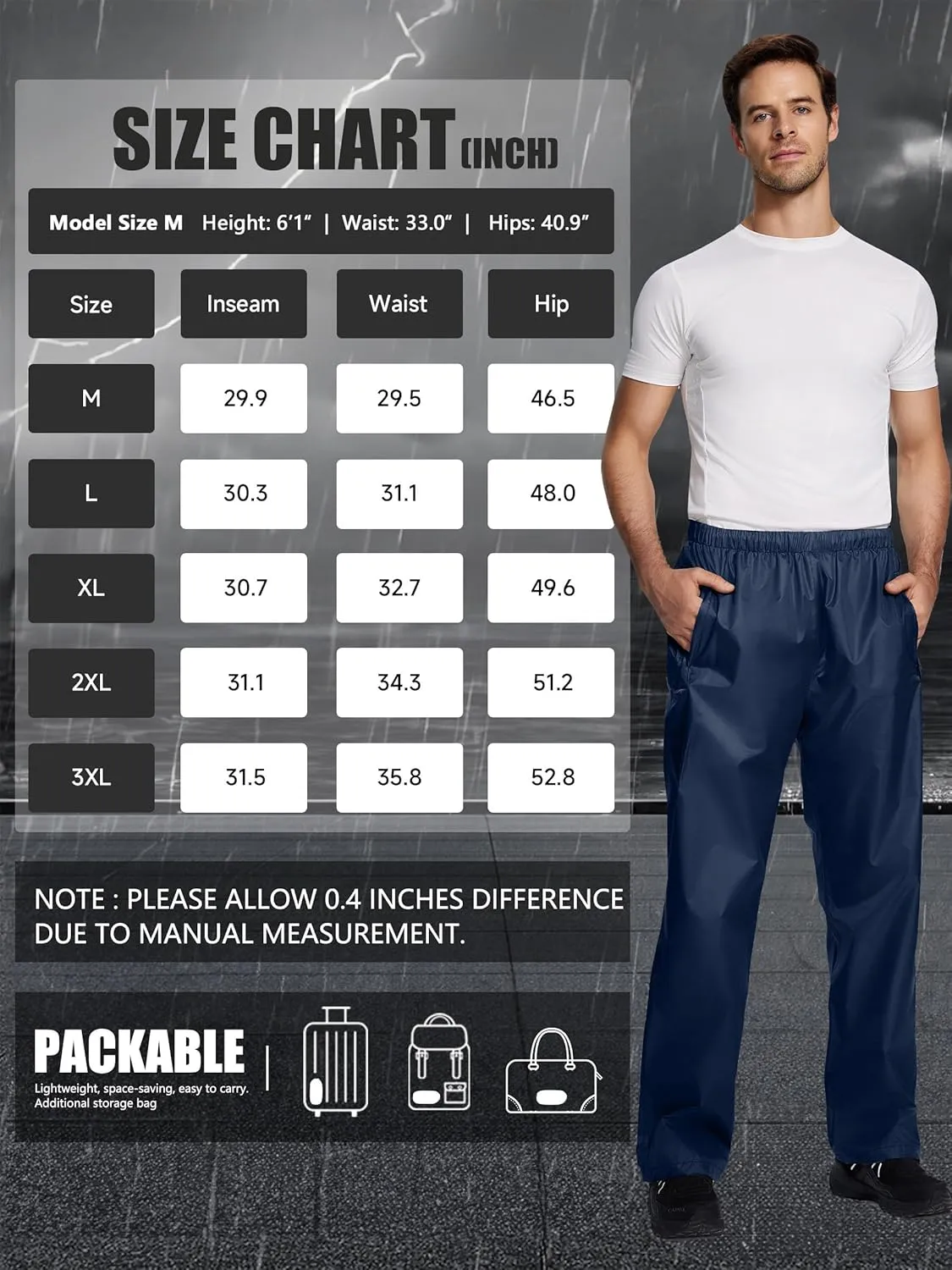 Men's Rain Pants, Waterproof Lightweight Outdoor Trousers for Hiking Fishing Windproof Rain Over Pants