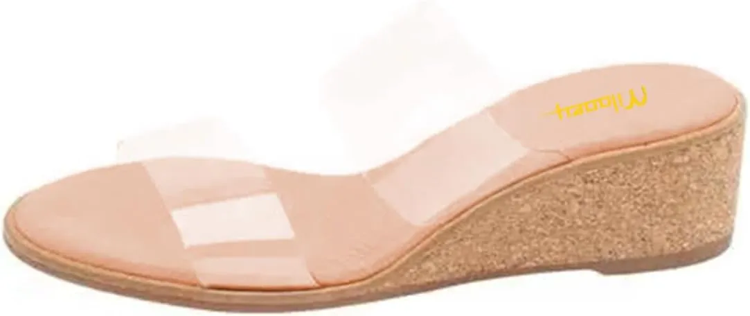 Milooey shoes Round Toe Double Strap Clear Mules for Women Wedge Low Heels Slip On Comfort Summer Sandals Slide Shoes Size 4-16 US