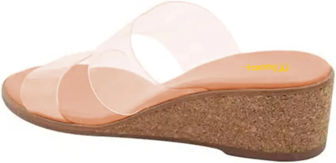 Milooey shoes Round Toe Double Strap Clear Mules for Women Wedge Low Heels Slip On Comfort Summer Sandals Slide Shoes Size 4-16 US