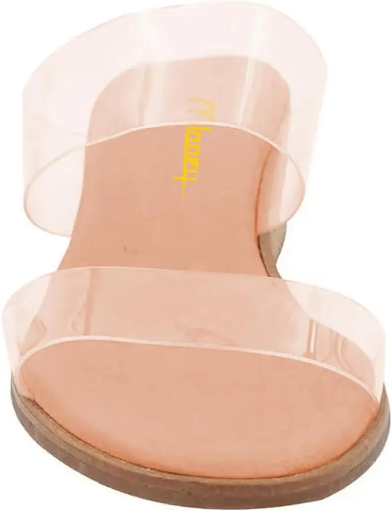 Milooey shoes Round Toe Double Strap Clear Mules for Women Wedge Low Heels Slip On Comfort Summer Sandals Slide Shoes Size 4-16 US