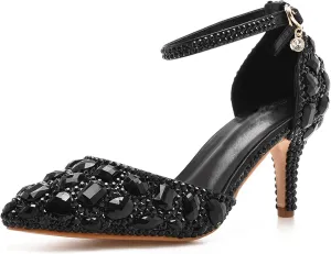 Minishion Womens Ankle Strap Wedding Shoes with Rhinestones Evening Formal Pumps