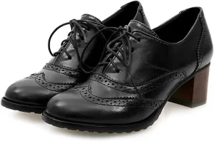 MIOKE Women's Chunky Block Mid Heel Oxford Pumps Wingtip Perforated Lace Up Vintage Brogues Dress Shoes