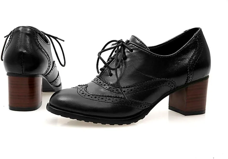MIOKE Women's Chunky Block Mid Heel Oxford Pumps Wingtip Perforated Lace Up Vintage Brogues Dress Shoes