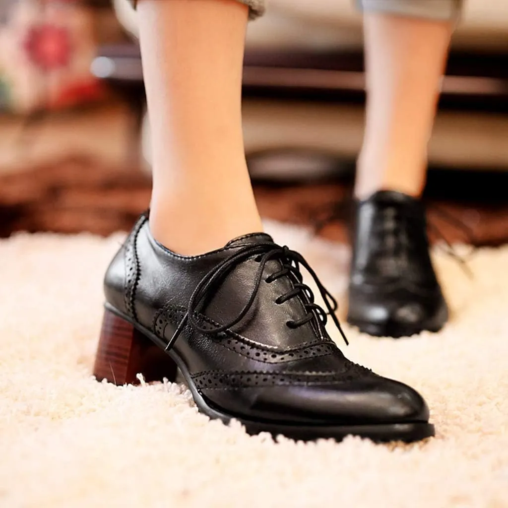 MIOKE Women's Chunky Block Mid Heel Oxford Pumps Wingtip Perforated Lace Up Vintage Brogues Dress Shoes