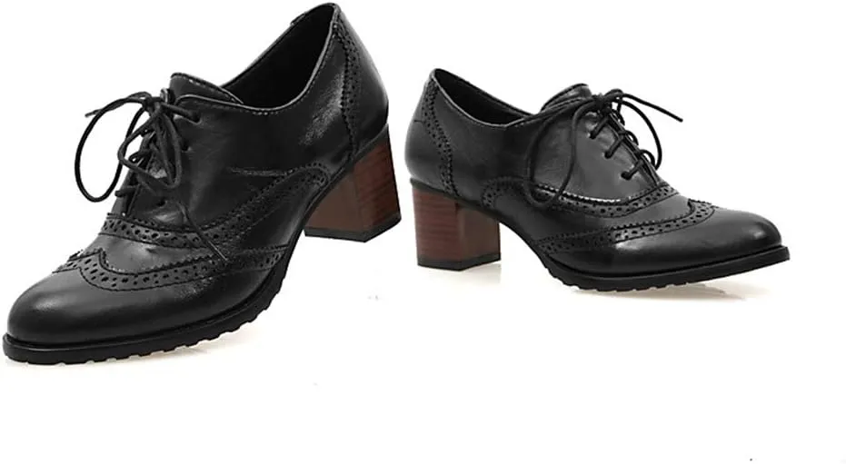 MIOKE Women's Chunky Block Mid Heel Oxford Pumps Wingtip Perforated Lace Up Vintage Brogues Dress Shoes