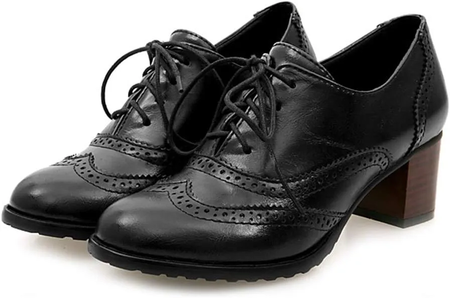 MIOKE Women's Chunky Block Mid Heel Oxford Pumps Wingtip Perforated Lace Up Vintage Brogues Dress Shoes