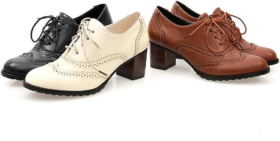 MIOKE Women's Chunky Block Mid Heel Oxford Pumps Wingtip Perforated Lace Up Vintage Brogues Dress Shoes
