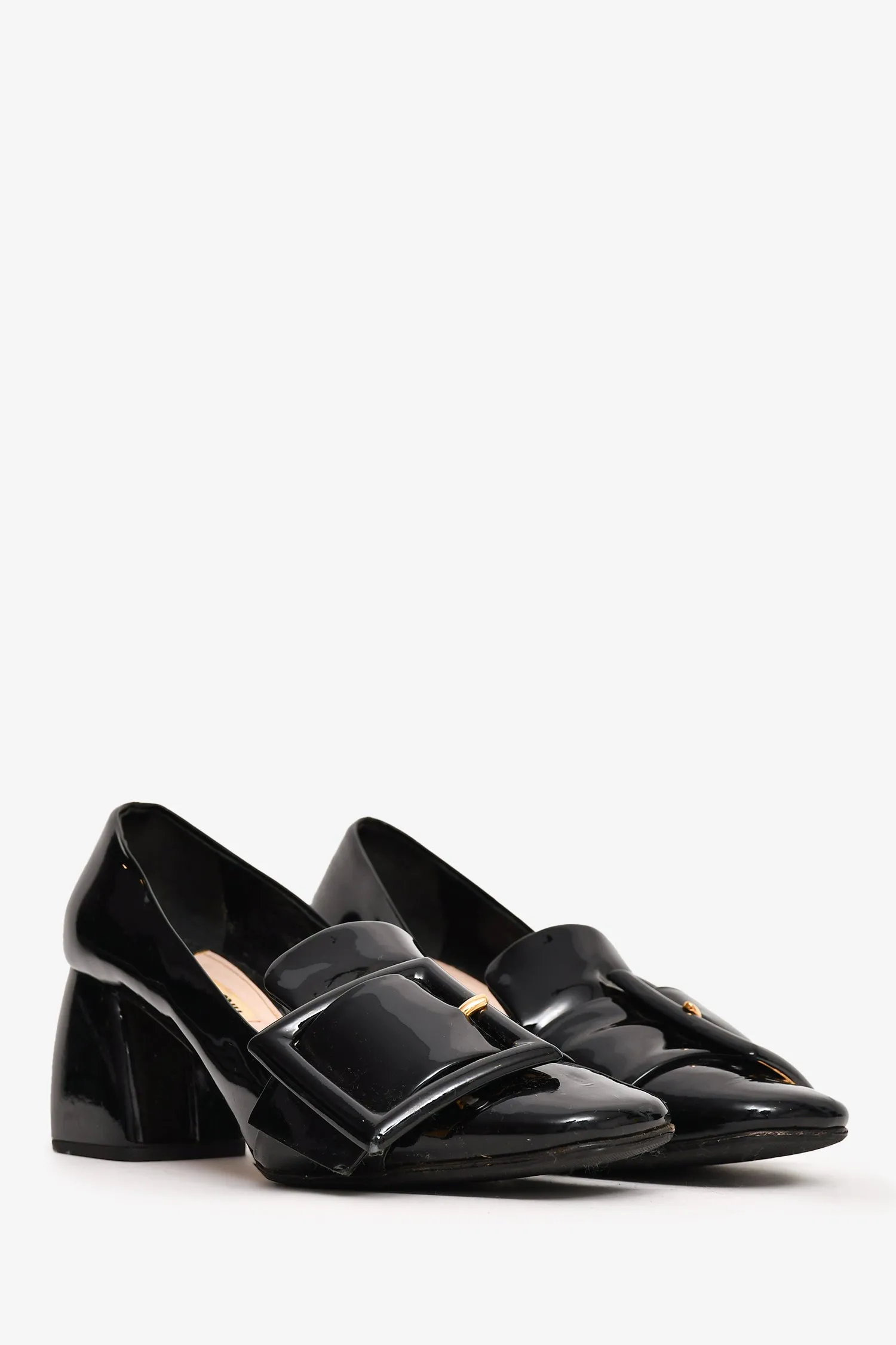 Miu Miu Patent Leather Buckle Detail Loafer Heels Size 38