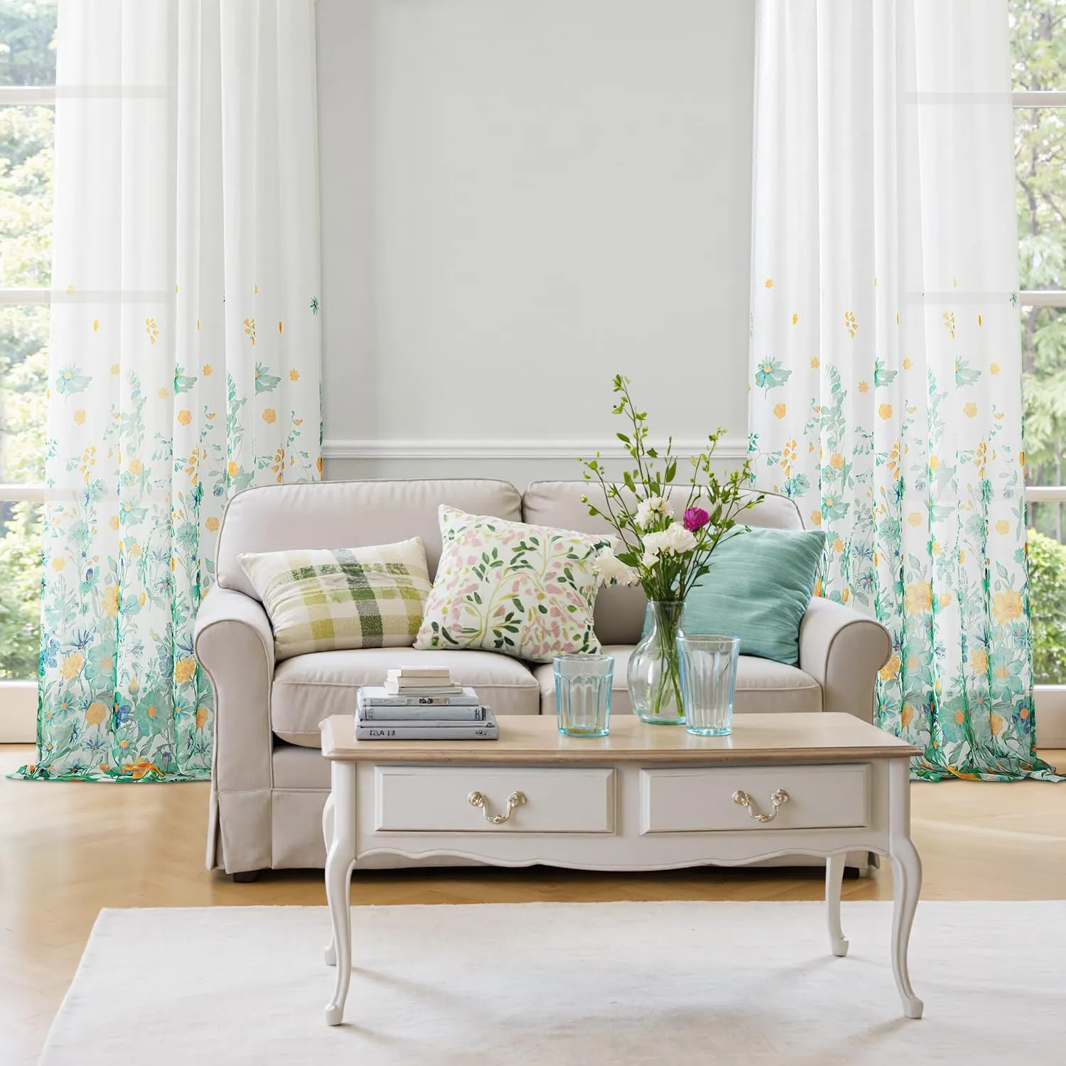 MIULEE Turquoise Printed Semi Sheer Linen Textured Curtains 63" Length 2 Panels Set for Bedroom Living Room Floral Print Rod Pocket Tulle Light Filtering Spring Flower Patterned Window Drapes