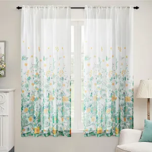 MIULEE Turquoise Printed Semi Sheer Linen Textured Curtains 63" Length 2 Panels Set for Bedroom Living Room Floral Print Rod Pocket Tulle Light Filtering Spring Flower Patterned Window Drapes