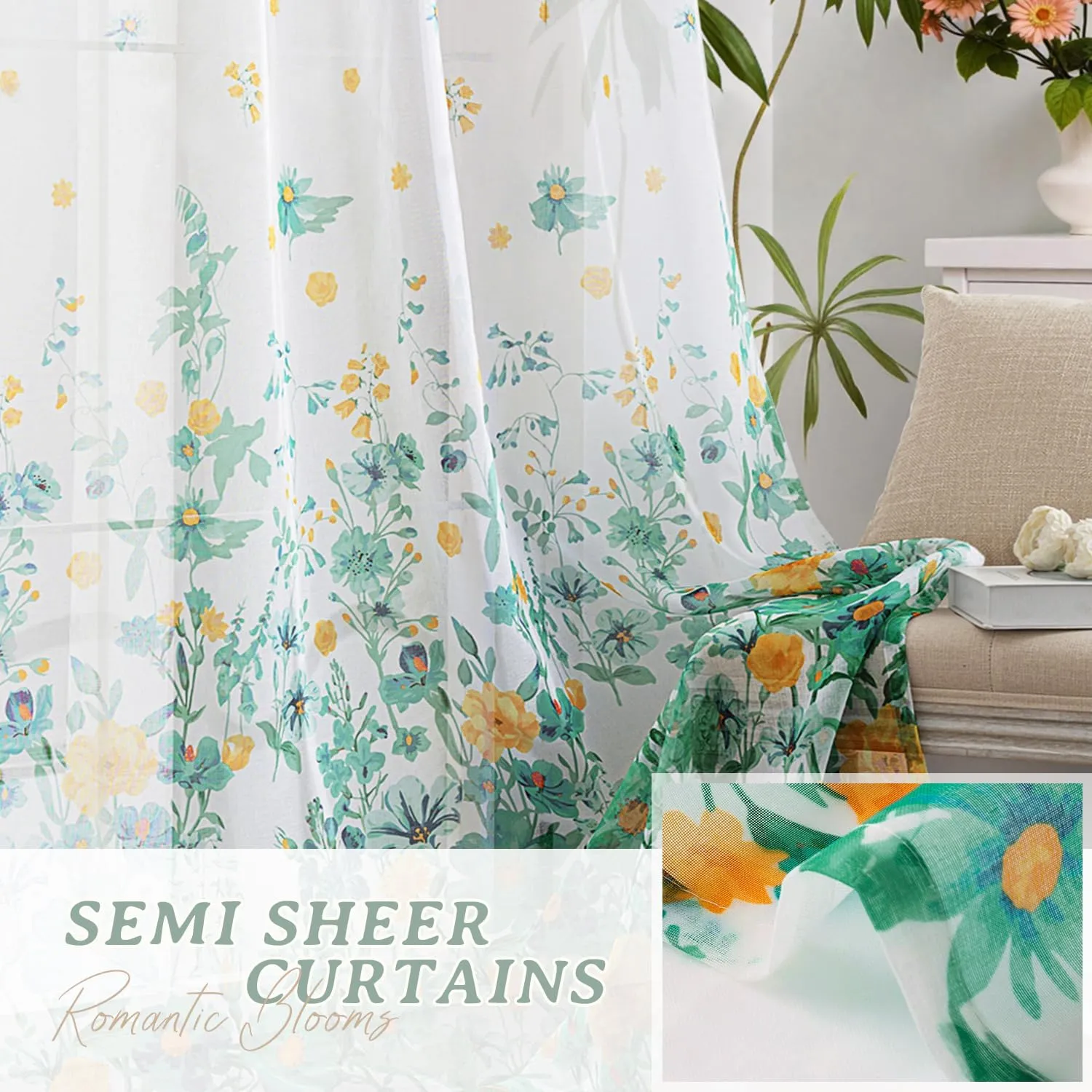 MIULEE Turquoise Printed Semi Sheer Linen Textured Curtains 63" Length 2 Panels Set for Bedroom Living Room Floral Print Rod Pocket Tulle Light Filtering Spring Flower Patterned Window Drapes