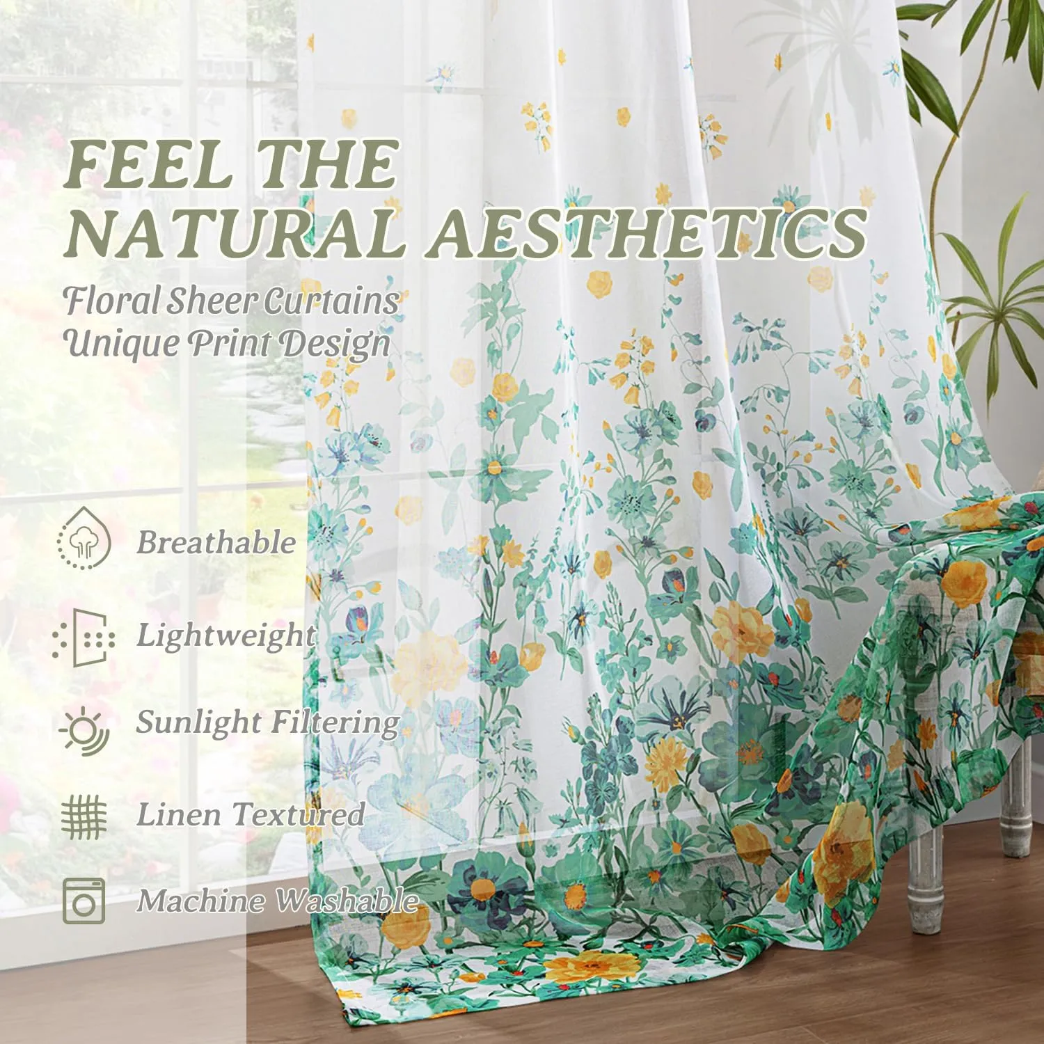 MIULEE Turquoise Printed Semi Sheer Linen Textured Curtains 63" Length 2 Panels Set for Bedroom Living Room Floral Print Rod Pocket Tulle Light Filtering Spring Flower Patterned Window Drapes