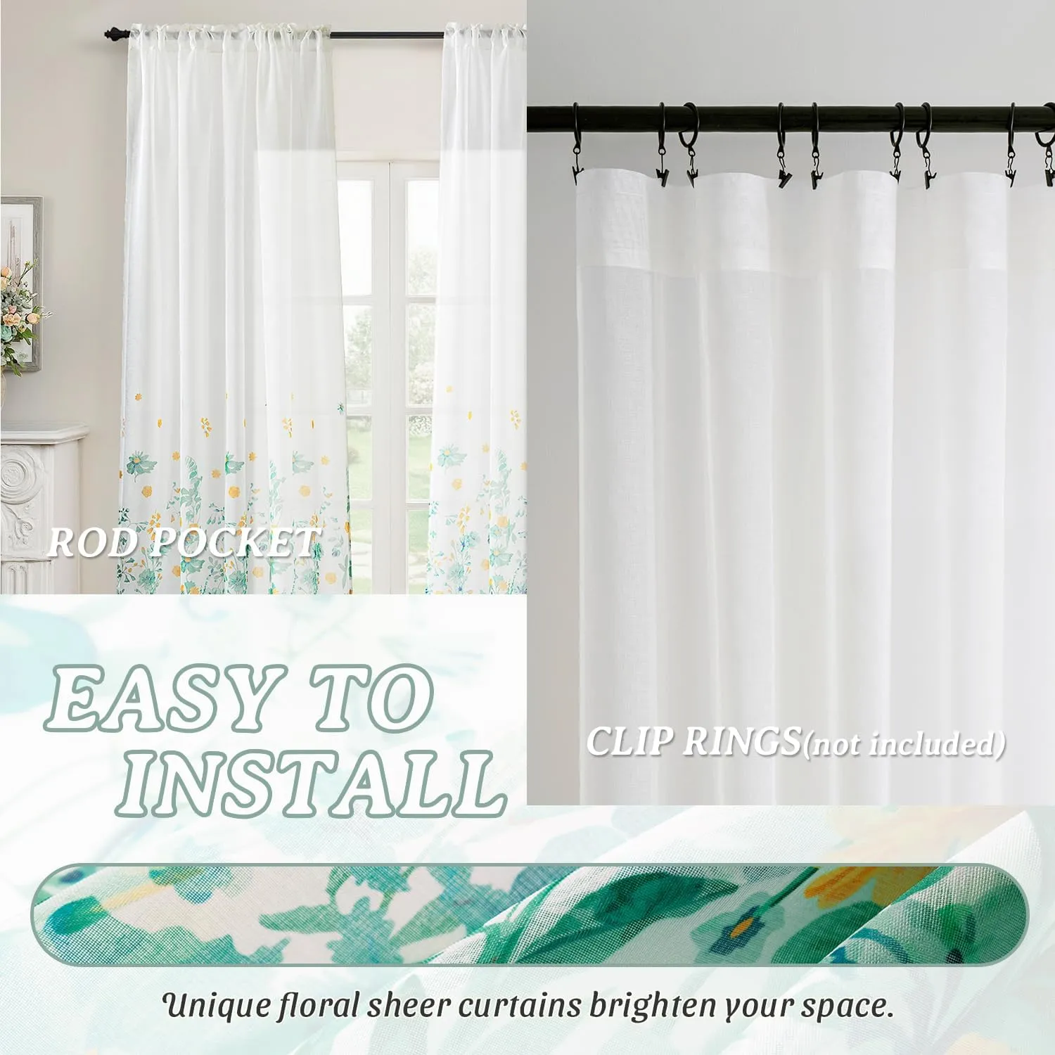 MIULEE Turquoise Printed Semi Sheer Linen Textured Curtains 63" Length 2 Panels Set for Bedroom Living Room Floral Print Rod Pocket Tulle Light Filtering Spring Flower Patterned Window Drapes