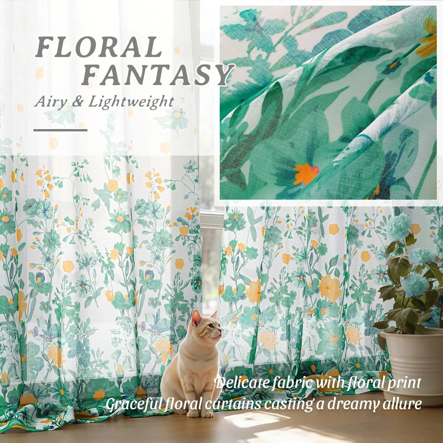 MIULEE Turquoise Printed Semi Sheer Linen Textured Curtains 63" Length 2 Panels Set for Bedroom Living Room Floral Print Rod Pocket Tulle Light Filtering Spring Flower Patterned Window Drapes