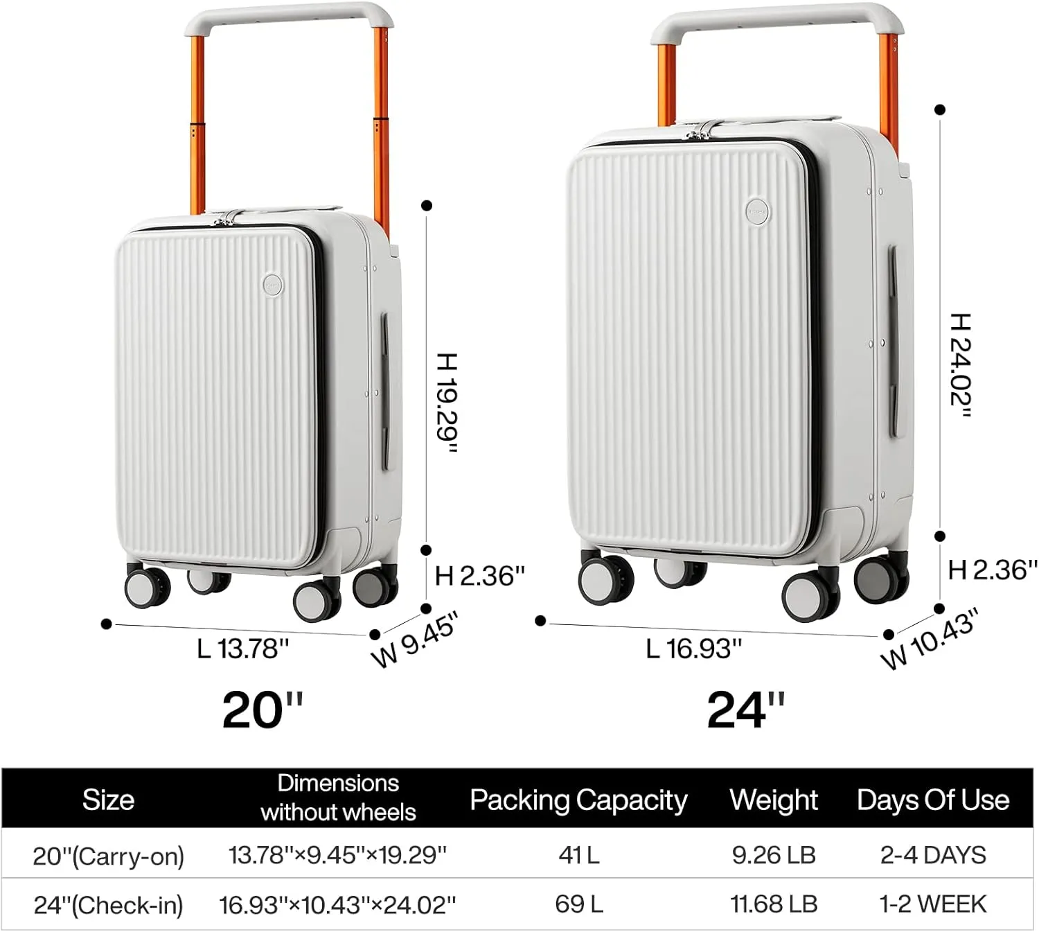 Mixi Carry On Luggage 20'' Suitcase with Front Laptop Pocket, Wide Handle Rolling Travel PC Hardshell with Aluminum Frame Spinner Wheels & TSA Lock, (Smoke White)