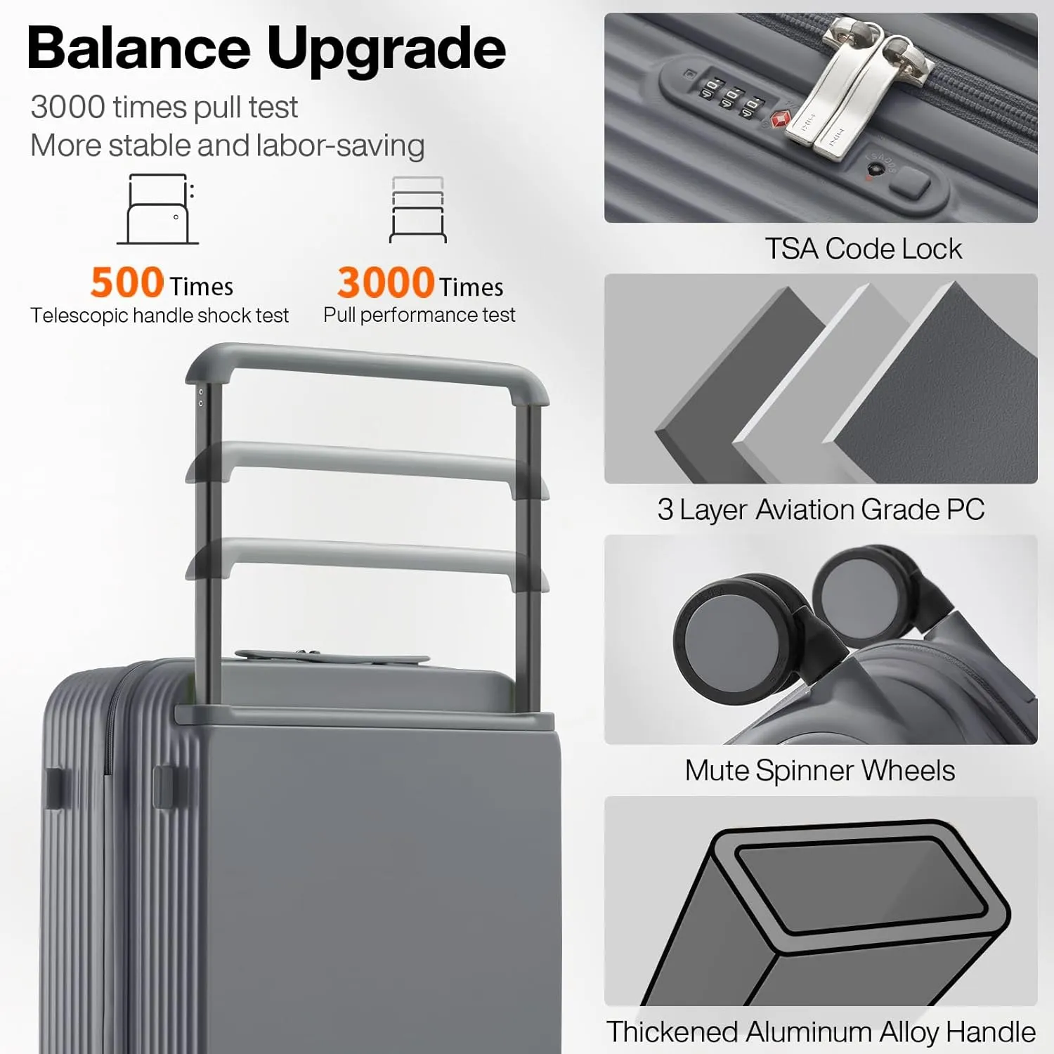 mixi Checked Luggage Upgrade Wide Handle PC Hard Shell Rolling Travel Medium Suitcases with Spinner Wheels & TSA Lock, 24 Inch Rock Gray