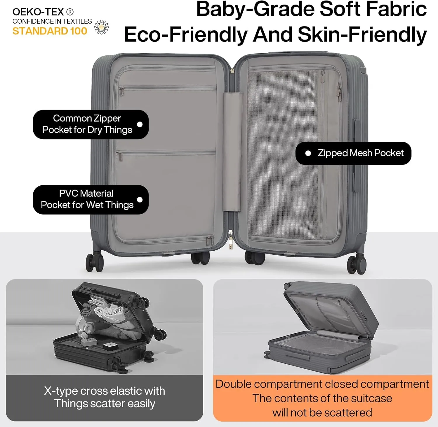 mixi Checked Luggage Upgrade Wide Handle PC Hard Shell Rolling Travel Medium Suitcases with Spinner Wheels & TSA Lock, 24 Inch Rock Gray