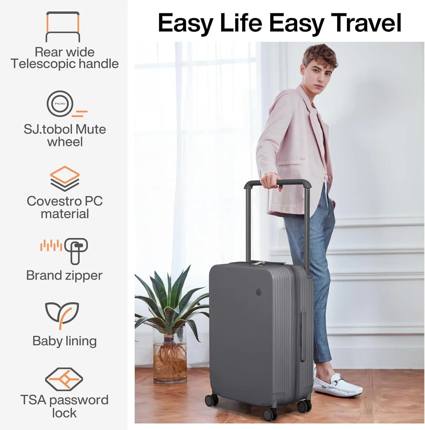 mixi Checked Luggage Upgrade Wide Handle PC Hard Shell Rolling Travel Medium Suitcases with Spinner Wheels & TSA Lock, 24 Inch Rock Gray