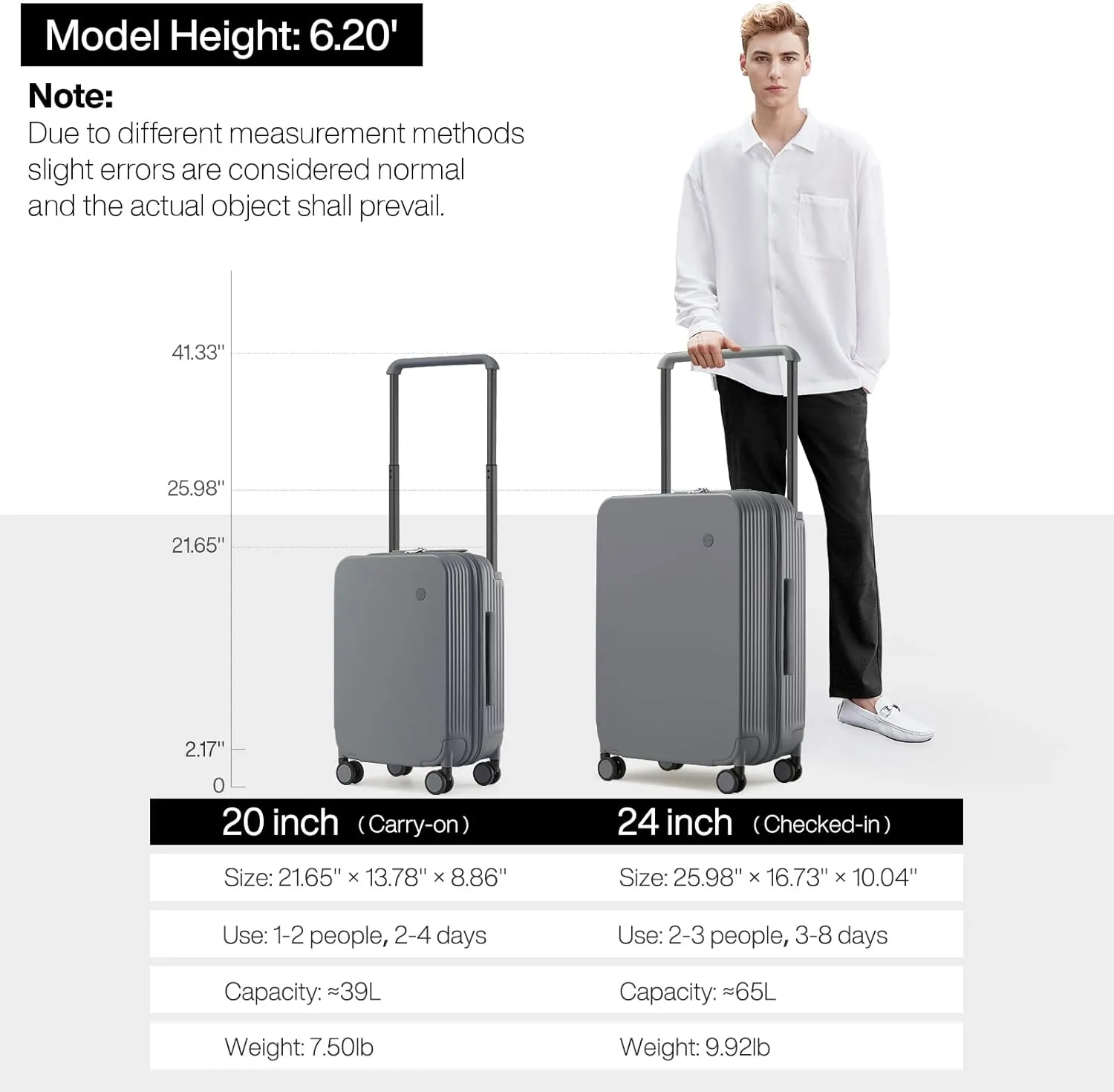mixi Checked Luggage Upgrade Wide Handle PC Hard Shell Rolling Travel Medium Suitcases with Spinner Wheels & TSA Lock, 24 Inch Rock Gray