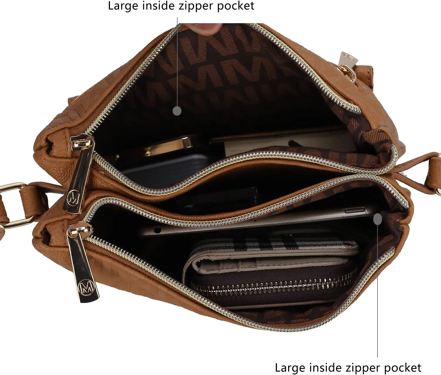 MKF Crossbody Bag for Women – PU Leather Pocketbook Handbag Triple Compartment Messenger Purse – Shoulder Strap