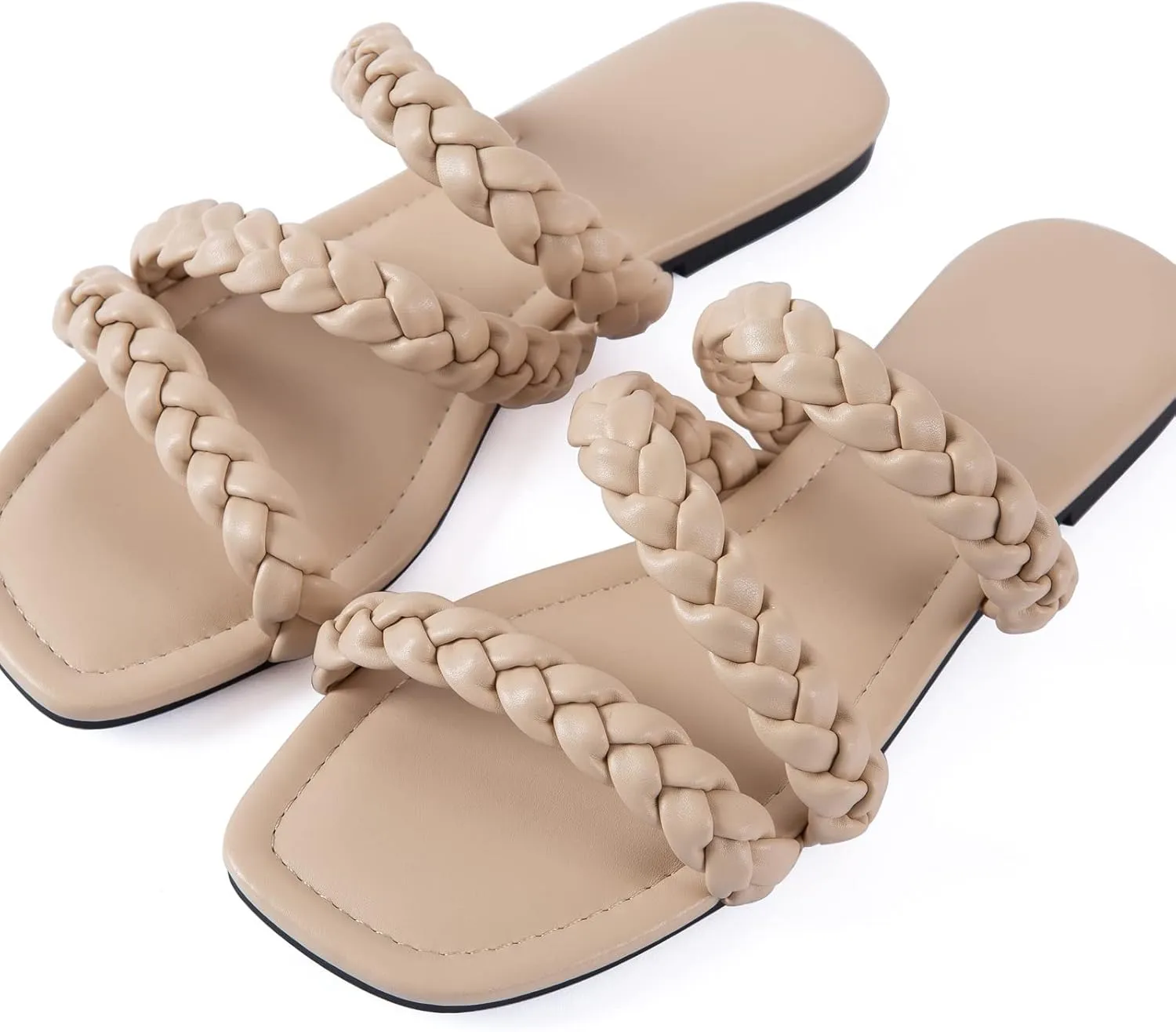 Mtzyoa Women's Sandals Casual Braided Dressy Summer Square Toe Quilted Flat Sandals