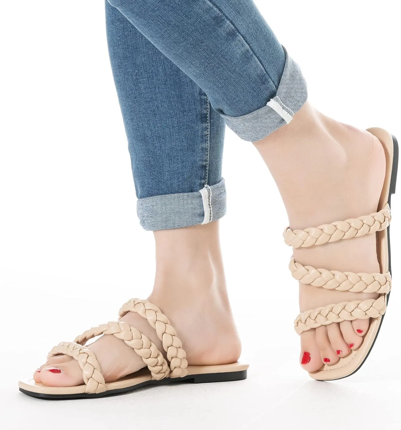 Mtzyoa Women's Sandals Casual Braided Dressy Summer Square Toe Quilted Flat Sandals