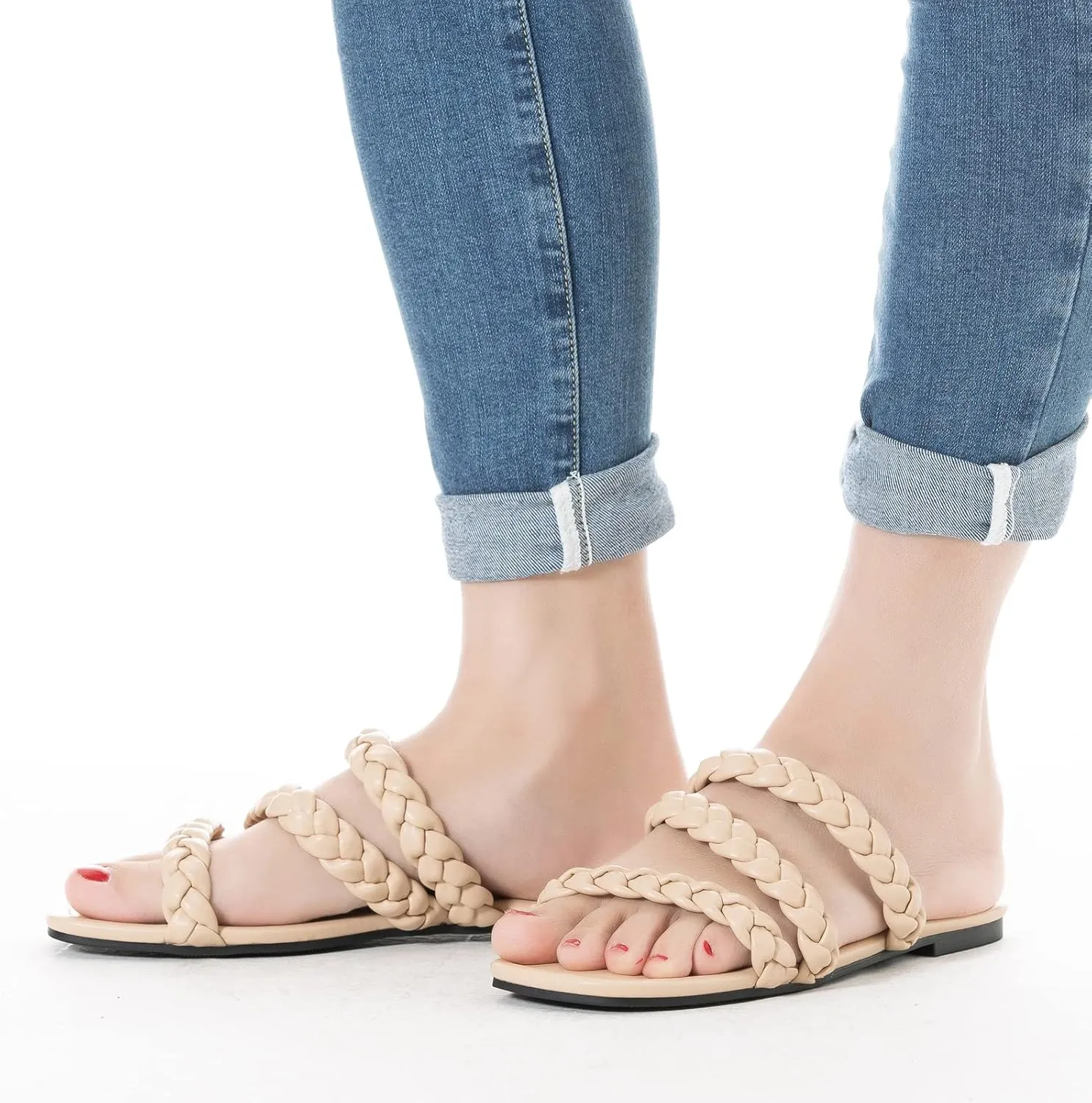 Mtzyoa Women's Sandals Casual Braided Dressy Summer Square Toe Quilted Flat Sandals