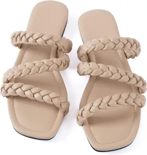 Mtzyoa Women's Sandals Casual Braided Dressy Summer Square Toe Quilted Flat Sandals