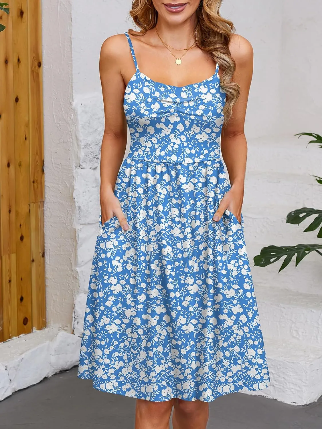 Naggoo Women's Summer Dresses Spaghetti Strap Sleeveless Beach Floral Sundress A Line Flowy Casual Dress with Pockets