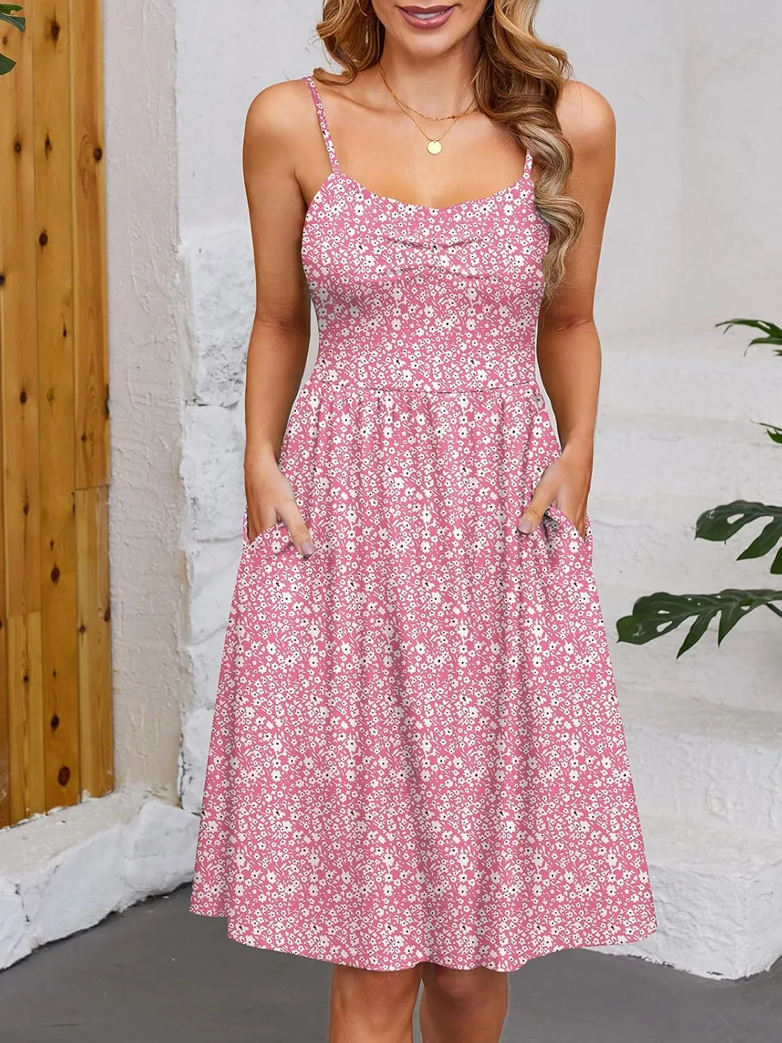 Naggoo Women's Summer Dresses Spaghetti Strap Sleeveless Beach Floral Sundress A Line Flowy Casual Dress with Pockets