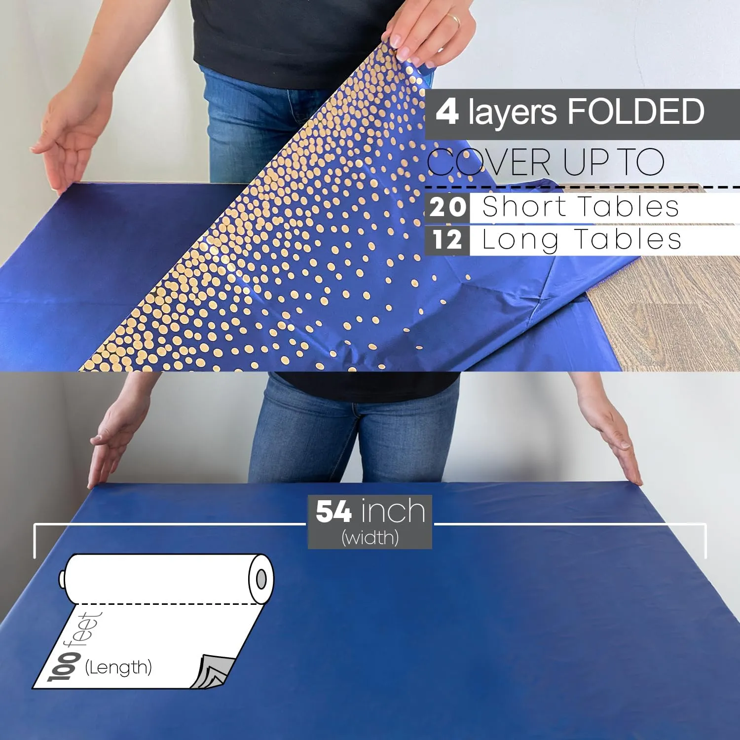 Neatiffy Disposable Plastic Table Cloth Roll with Slide Cutter | Waterproof Cover for All Type/Shape Tables | Picnic, Party, Banquet, Birthdays, Weddings (Blue Gold Dots)
