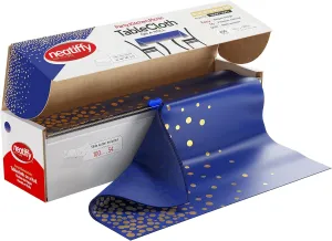 Neatiffy Disposable Plastic Table Cloth Roll with Slide Cutter | Waterproof Cover for All Type/Shape Tables | Picnic, Party, Banquet, Birthdays, Weddings (Blue Gold Dots)