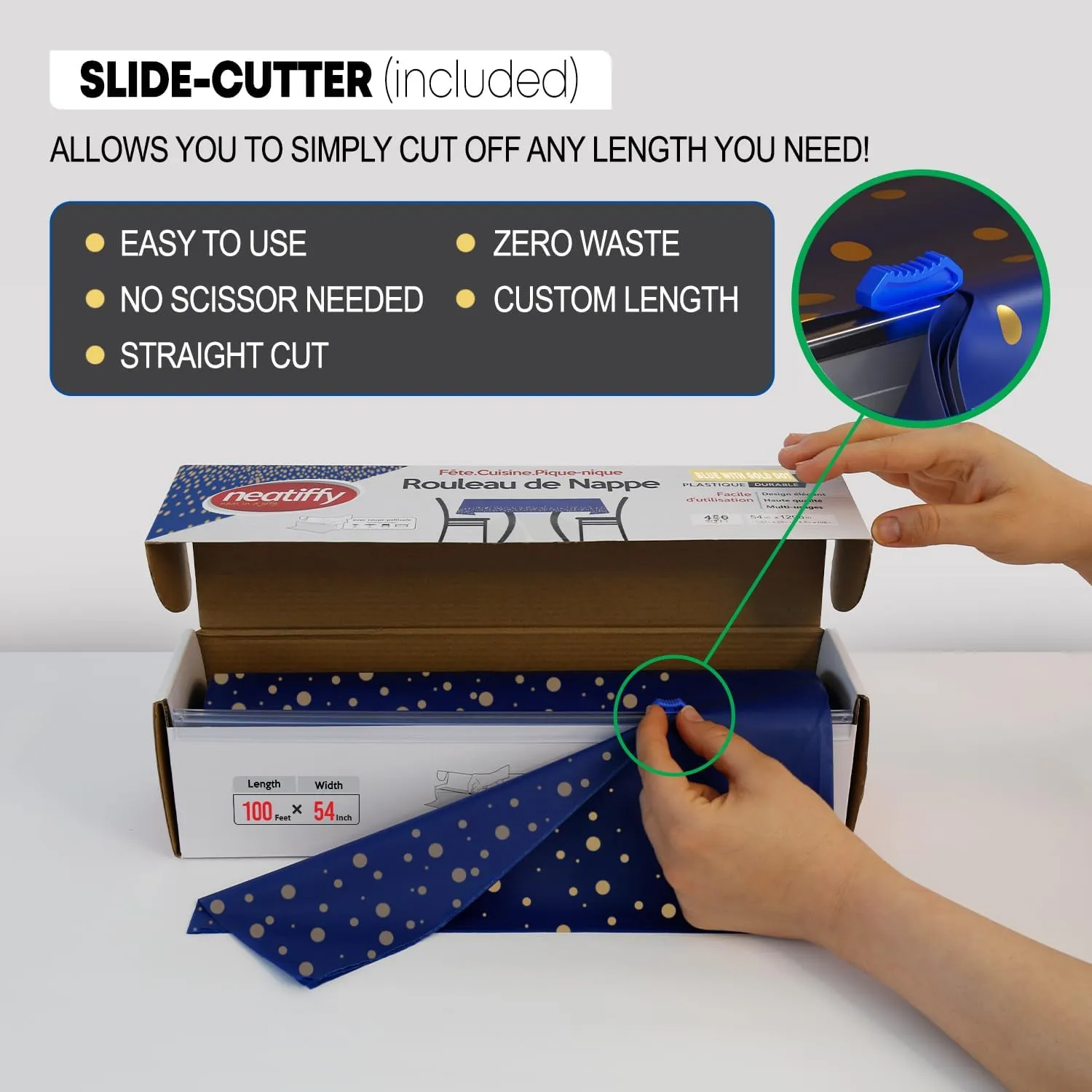 Neatiffy Disposable Plastic Table Cloth Roll with Slide Cutter | Waterproof Cover for All Type/Shape Tables | Picnic, Party, Banquet, Birthdays, Weddings (Blue Gold Dots)