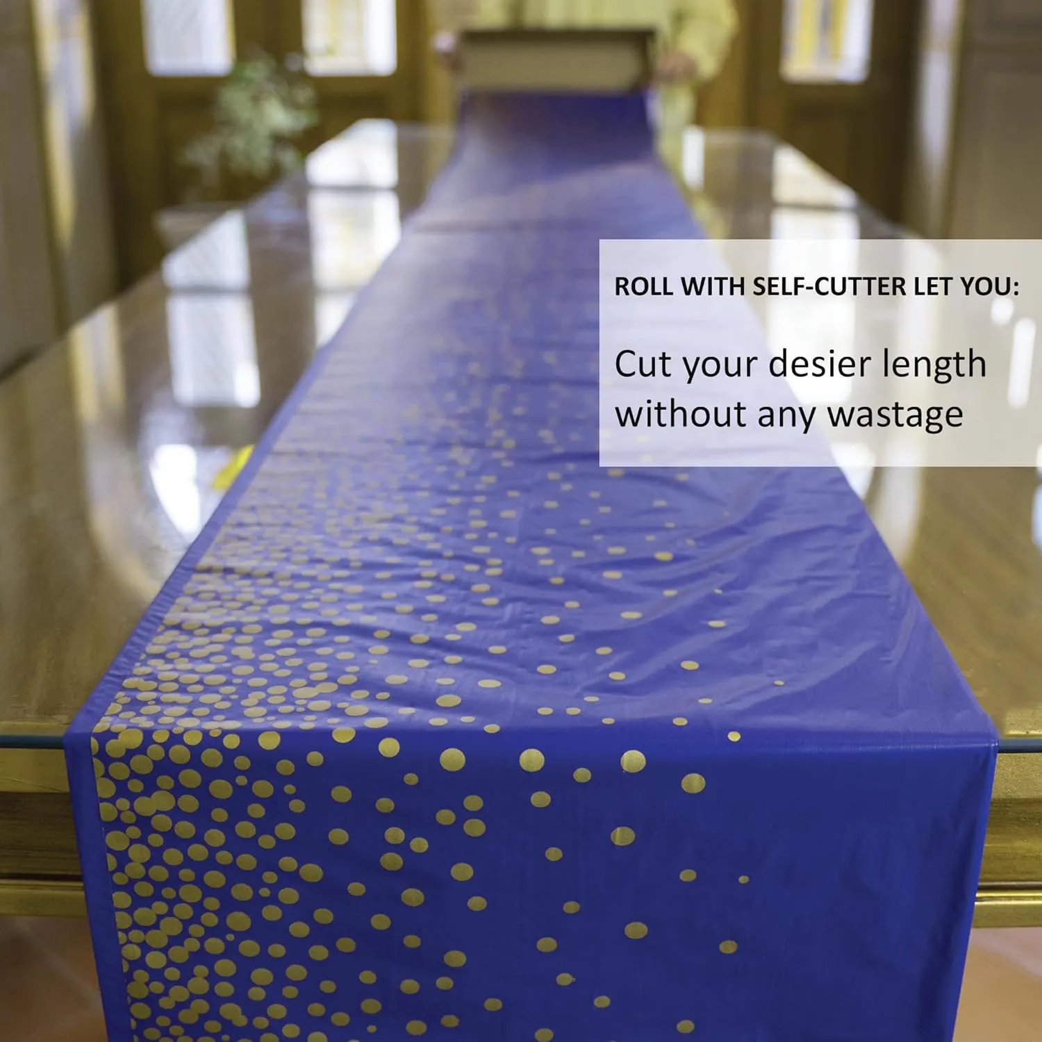 Neatiffy Disposable Plastic Table Cloth Roll with Slide Cutter | Waterproof Cover for All Type/Shape Tables | Picnic, Party, Banquet, Birthdays, Weddings (Blue Gold Dots)