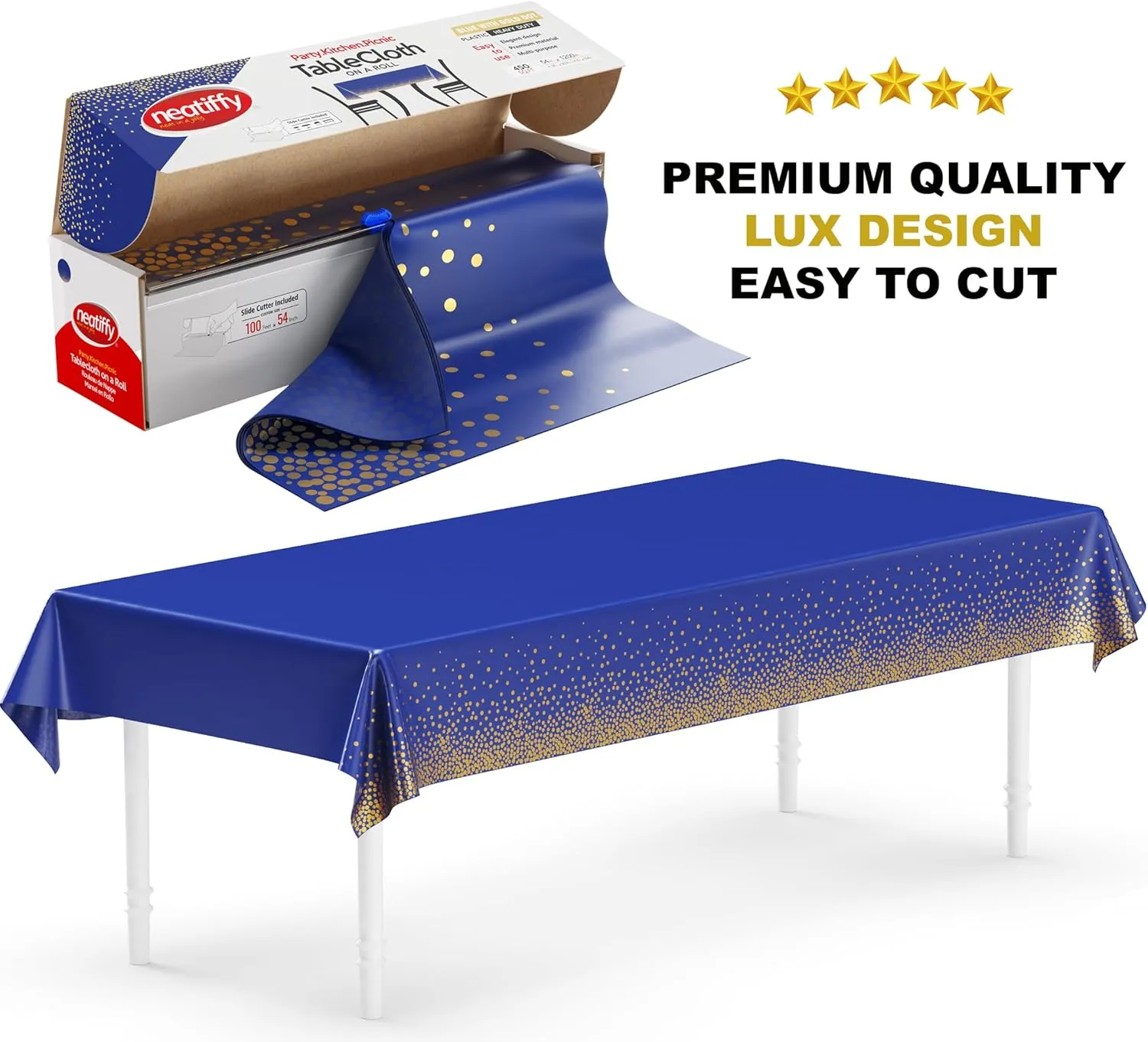 Neatiffy Disposable Plastic Table Cloth Roll with Slide Cutter | Waterproof Cover for All Type/Shape Tables | Picnic, Party, Banquet, Birthdays, Weddings (Blue Gold Dots)