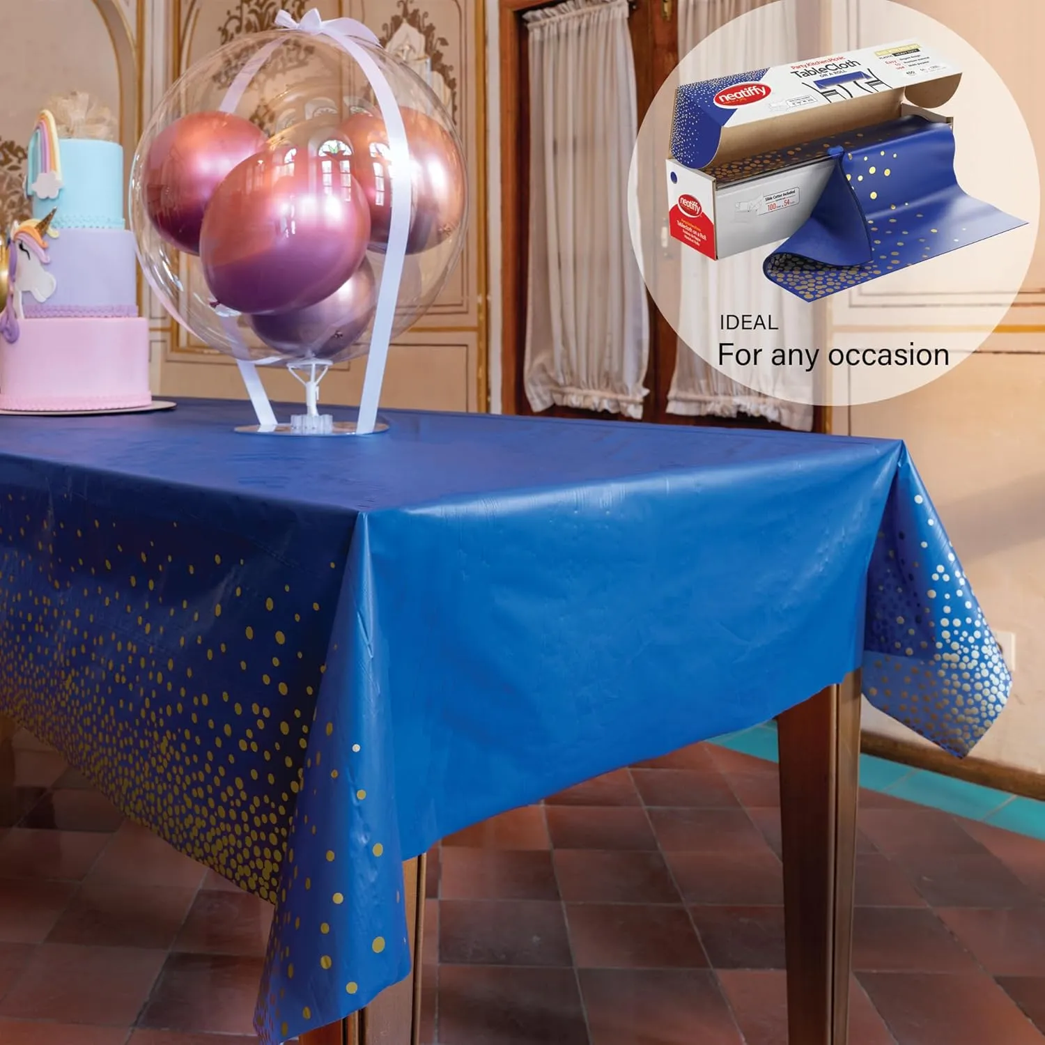 Neatiffy Disposable Plastic Table Cloth Roll with Slide Cutter | Waterproof Cover for All Type/Shape Tables | Picnic, Party, Banquet, Birthdays, Weddings (Blue Gold Dots)