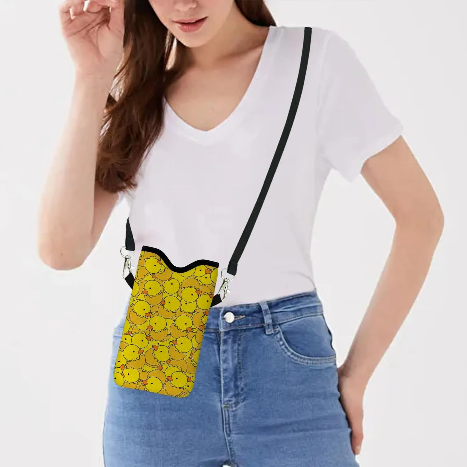 Neoprene Cell Phone Sleeve Pouch Case Bag with Crossbody Strap Neck Lanyard for Women 7.1 X 3.9 in Yellow Duck