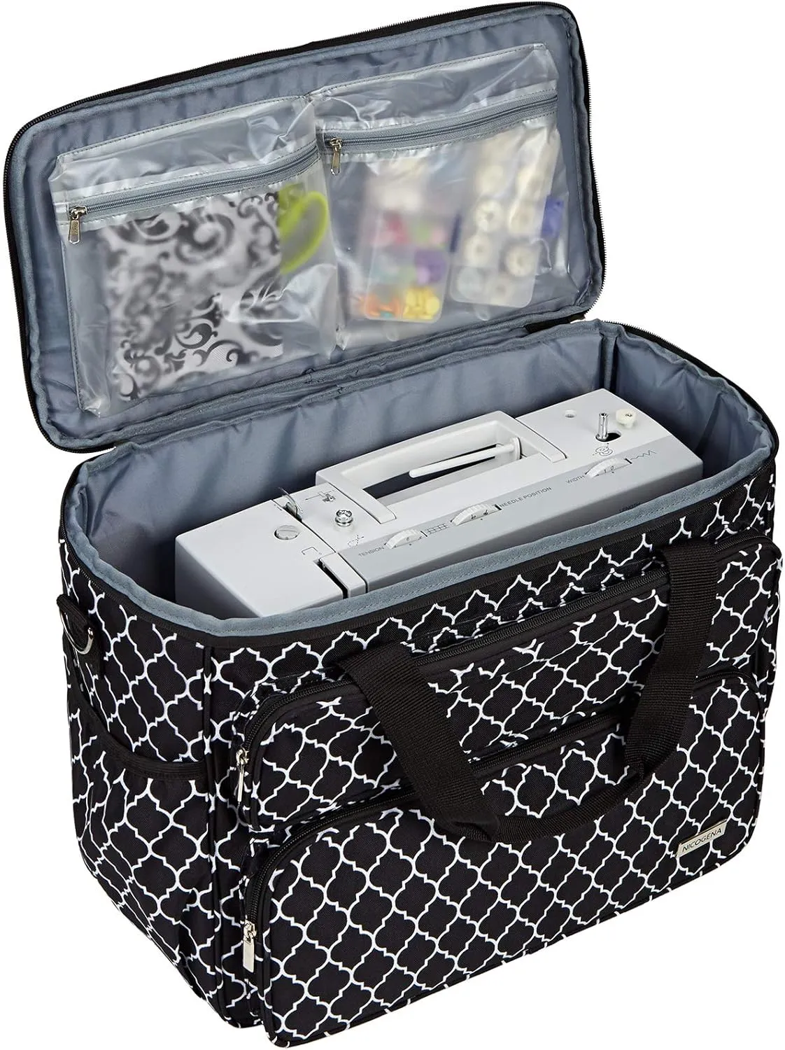 NICOGENA Sewing Machine Carrying Case, Universal Travel Tote Bag with Shoulder Strap for Singer, Brother, Janome and Accessories, Lantern Black