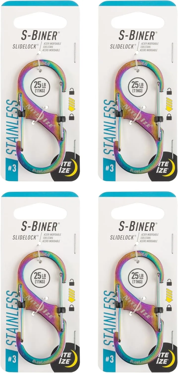 Nite Ize S-Biner SlideLock Stainless Steel - Secure Key Holder Carabiner with SlideLocks - Key & Keychain Organizer - 25lb Weight Rating - Lockable Carabiner for Daily Use - Size 3, Spectrum (4 Pack)