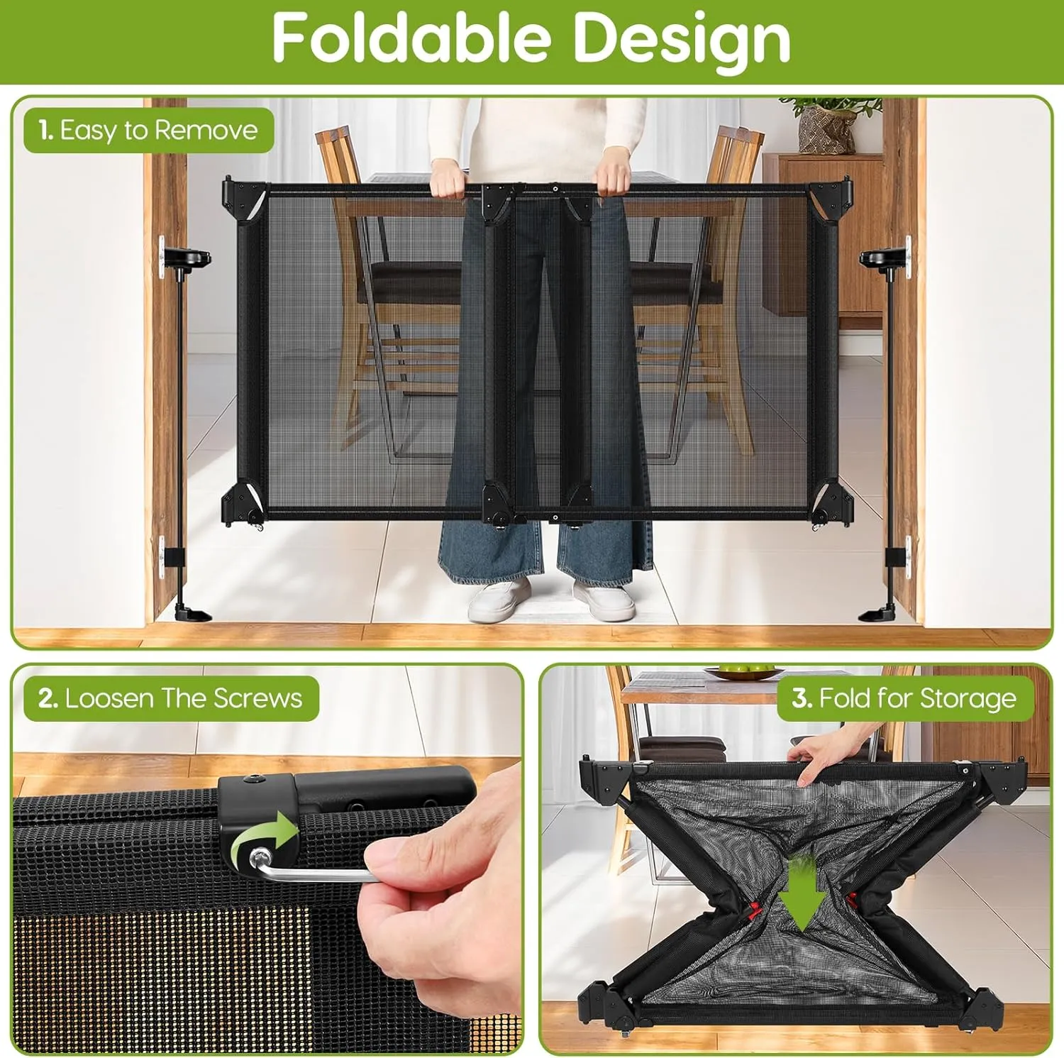 No Drill Baby Gate for Stairs No Bottom Bar, 34-55” Punch Free Dog Gate with Large Walk Thru Door, Mesh Dog Gate for The House, Swing & Dual Openings, No Drilling Pet Gates for Doorways, Black