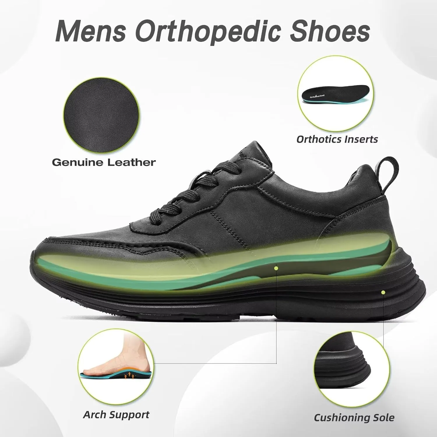 OrthoComfoot Men's Orthopedic Leather Dress Walking Shoes: Comfortable Arch Support Plantar Fasciitis Flat Feet Sneakers, Casual Business Work Orthotic Thick Sole Foot Heel Pain Relief Oxfords