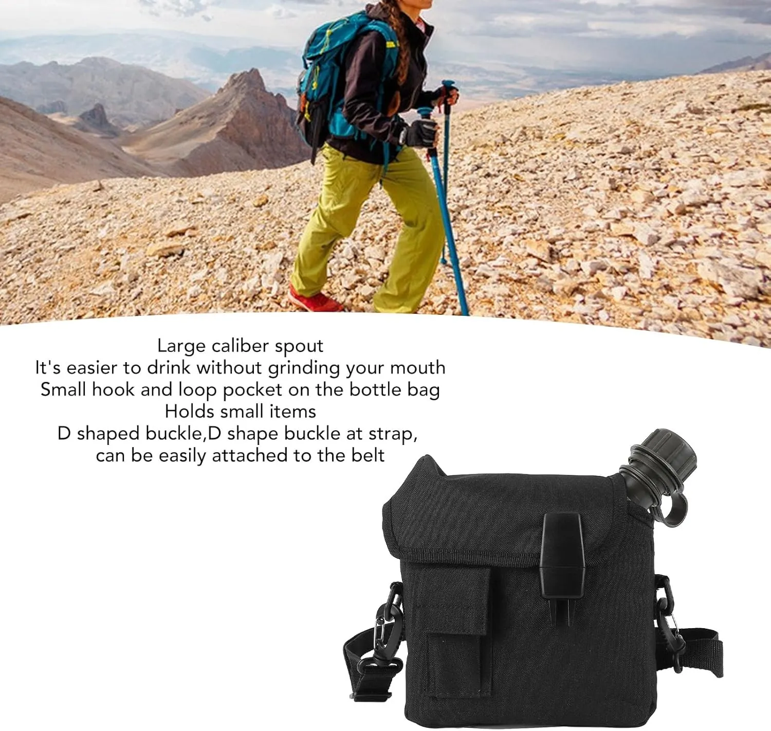 Outdoor Water Bottle - 1.5L Portable Water Canteen with Waist Bag, Multi Fuctional Flat Camping Water Bottle for Surplus or Bushcraft Gear (Black)