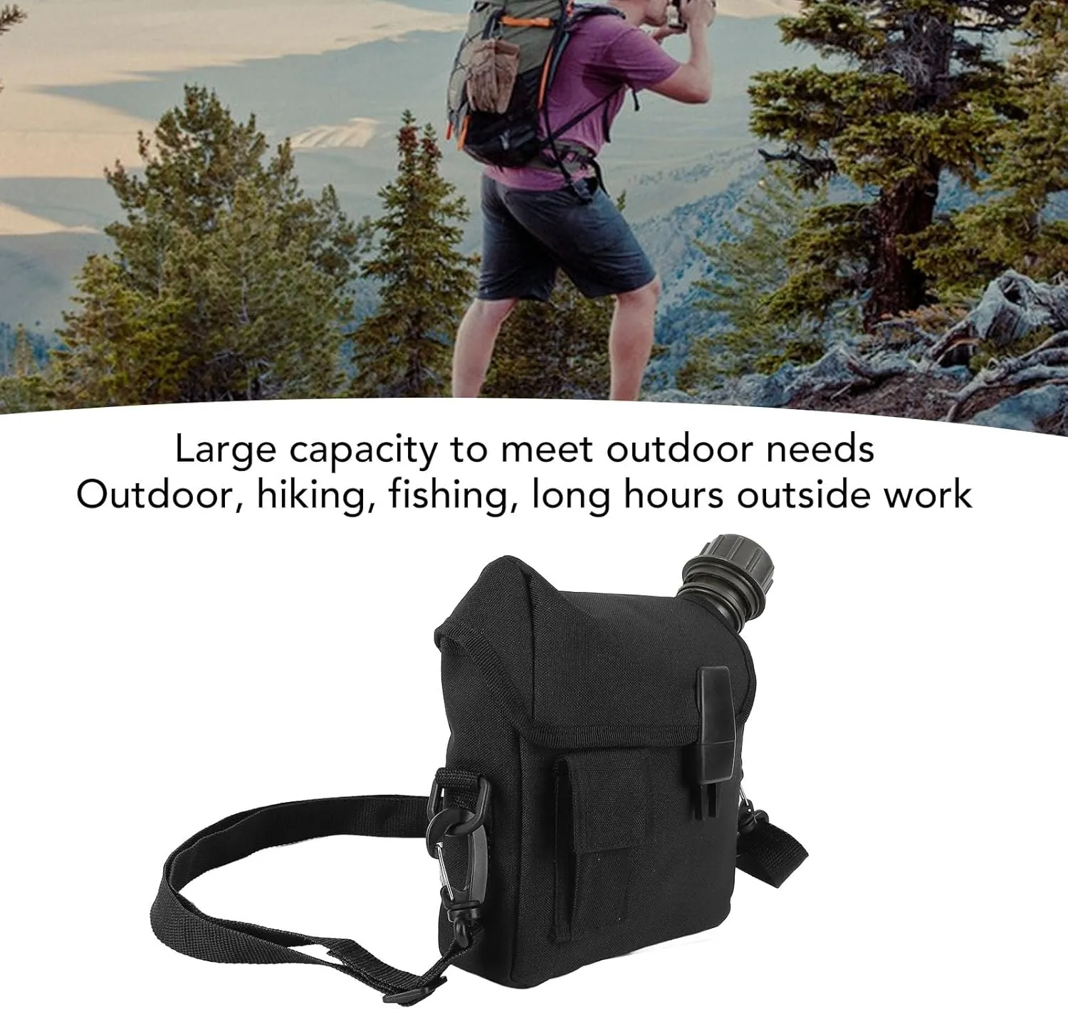 Outdoor Water Bottle - 1.5L Portable Water Canteen with Waist Bag, Multi Fuctional Flat Camping Water Bottle for Surplus or Bushcraft Gear (Black)