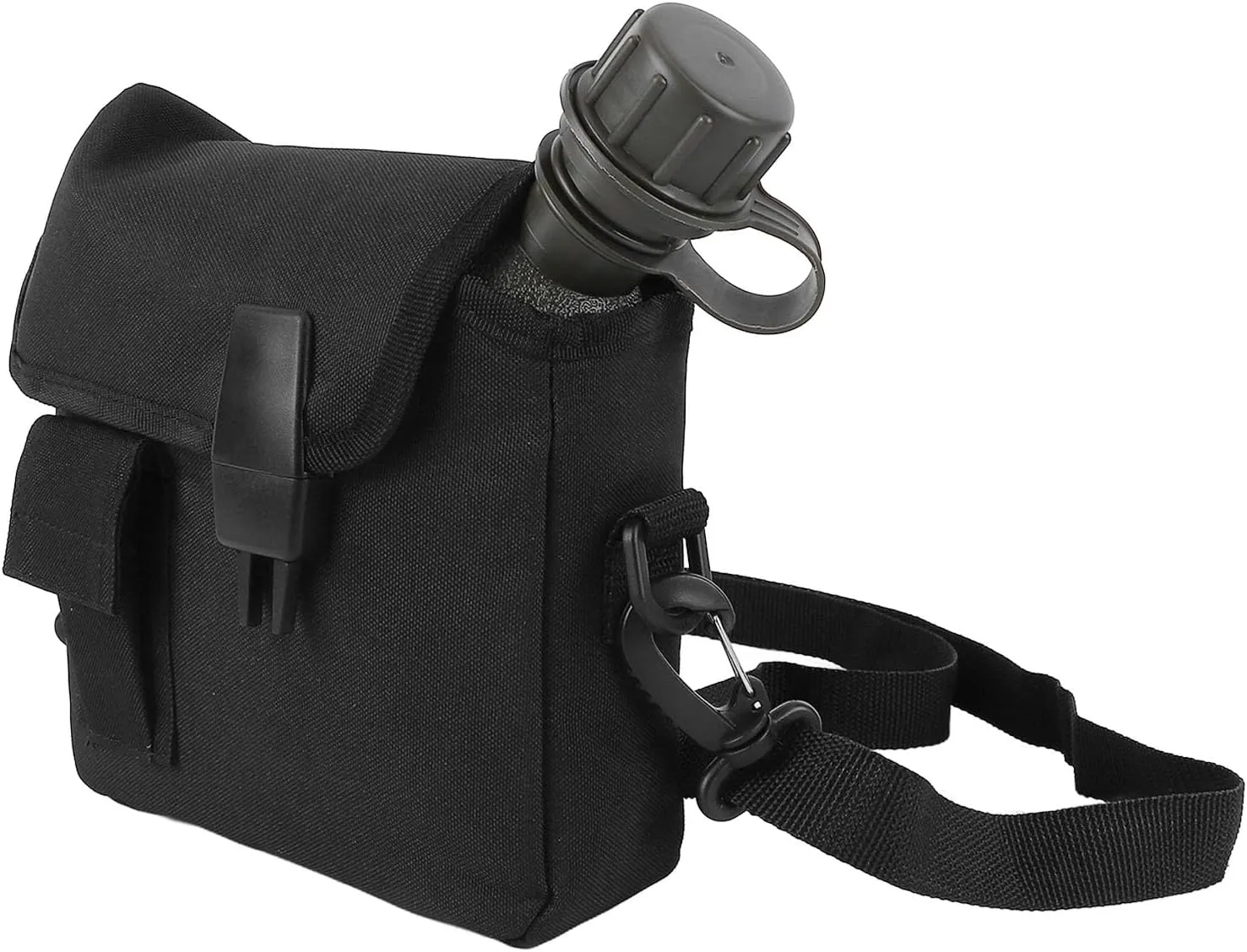 Outdoor Water Bottle - 1.5L Portable Water Canteen with Waist Bag, Multi Fuctional Flat Camping Water Bottle for Surplus or Bushcraft Gear (Black)