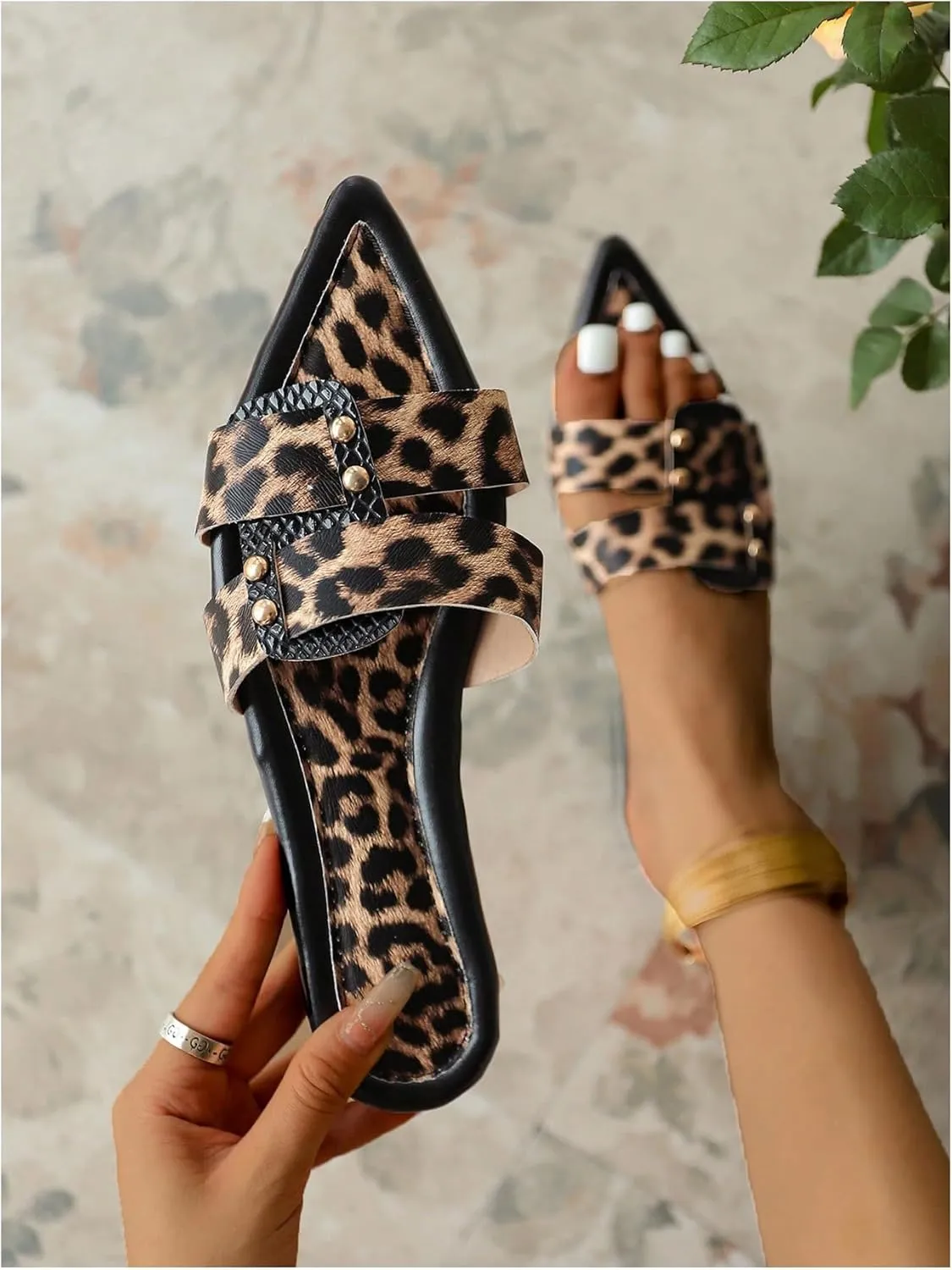 OYOANGLE Women's Leather Leopard Print Sandals Pointed Toe Slip On Flat Sandals Y2K Casual Trendy Slide Shoes
